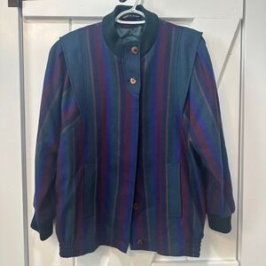 VTG Avoca Collection Ireland Pure Wool Stripe Womens Small Bomber Coat Colorful